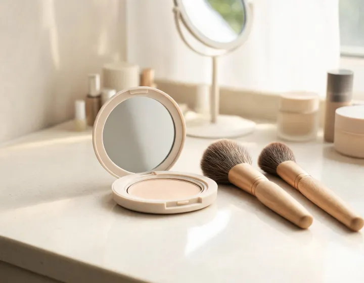 best makeup brush for pressed powder on a cosmetics bench, illustration only