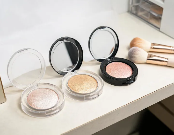pressed powder highlighter on a cosmetics bench, illustration only
